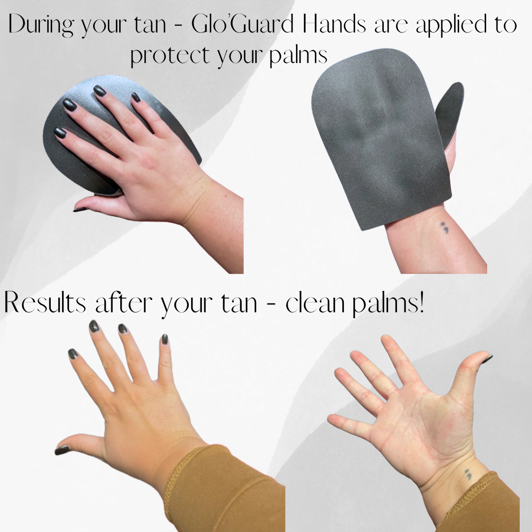 During your tan what Glo'guard Hands look like. Results after your tan - clean palms. No orange spray tan hands.