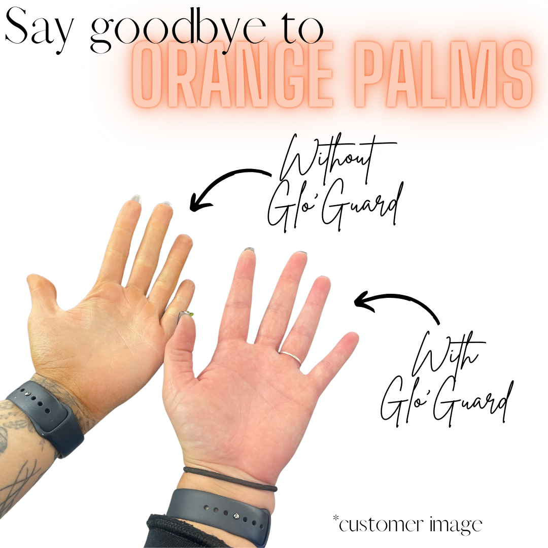 With Glo'guard hands. Without Glo'guard hands - orange spray tan handsGlo'guard hands for spray tanning. With Glo'guard vs without Glo'guard. Prevent orange spray tan hands.